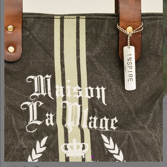 Le Papillon-St. Tropez tote-vintage dark gray white print stripe bag NWT LAST 1! - Picture 3 of 13